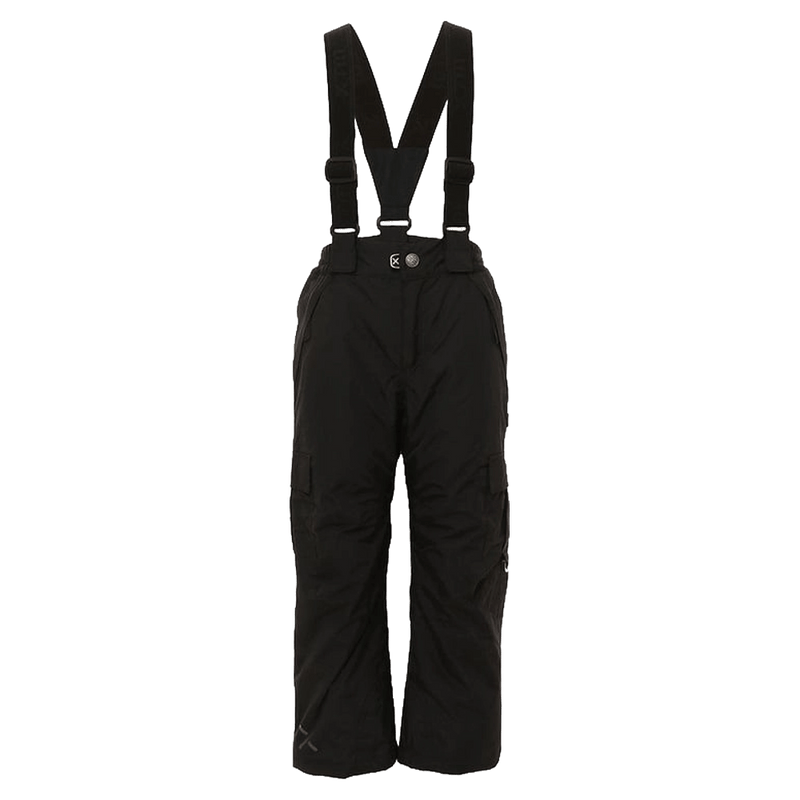 Black XTM Pluto II kids' ski pants with adjustable suspenders and cargo pockets, shown from the front.