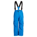 XTM Pluto II bright blue kids' ski pants featuring black adjustable suspenders and side cargo pockets.