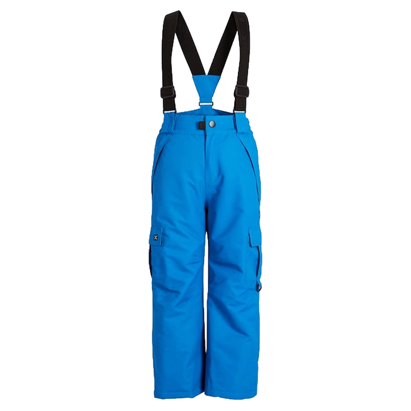 XTM Pluto II bright blue kids' ski pants featuring black adjustable suspenders and side cargo pockets.
