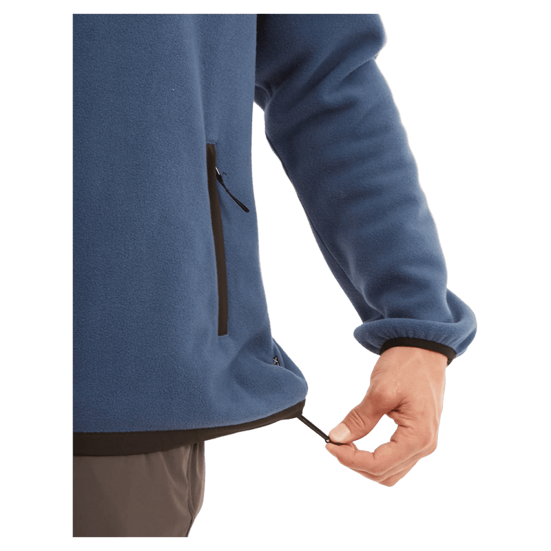 Detail view of the XTM Frazer Pullover in Steal Blue colourway, unisex's model