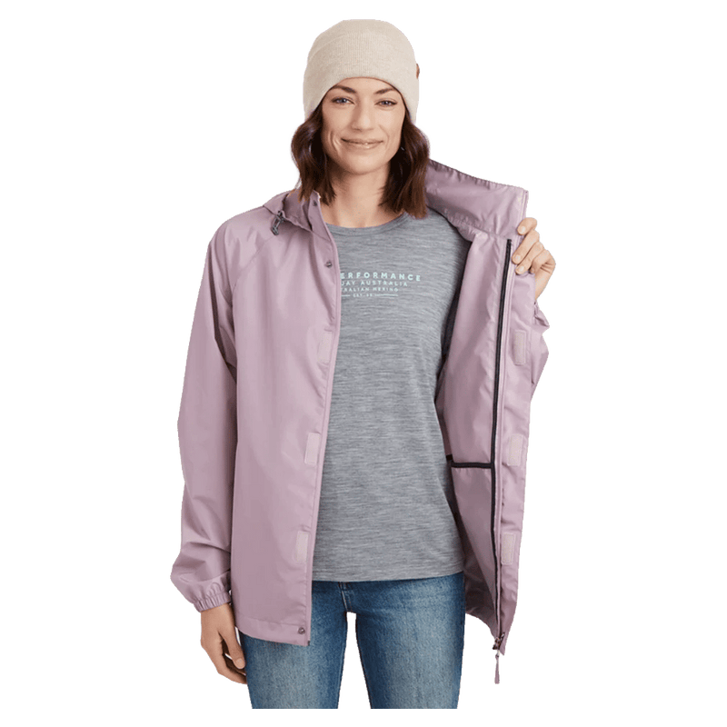 Open view of the XTM Stash 2L Rain Jacket in Fog colourway, unisex's model