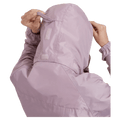 Hood view of the XTM Stash 2L Rain Jacket in Fog colourway, unisex's model