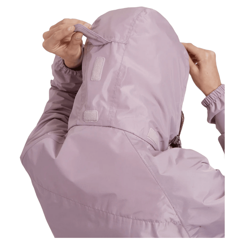 Hood view of the XTM Stash 2L Rain Jacket in Fog colourway, unisex's model