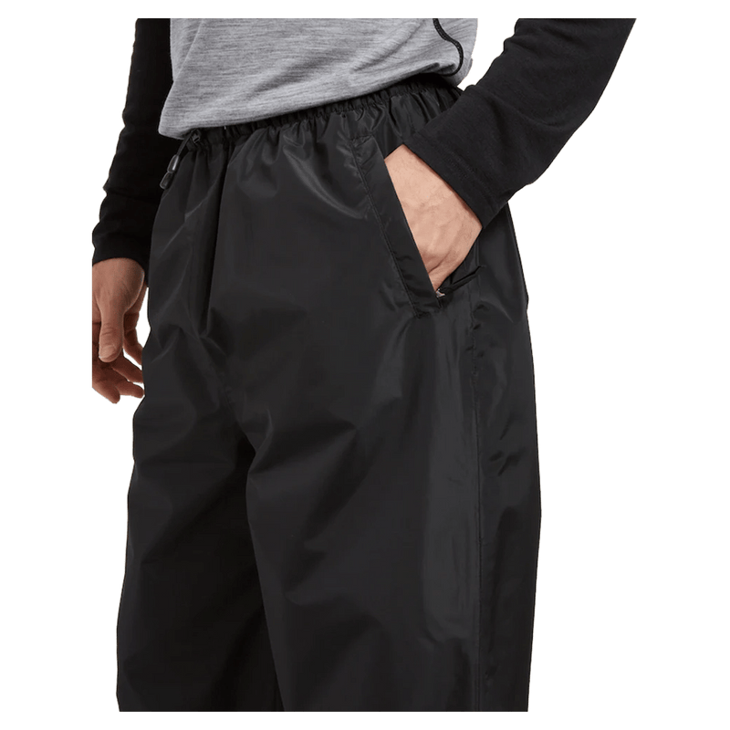Pocket view of the XTM Stash 2L Rain Pants in Black colourway, unisex's model