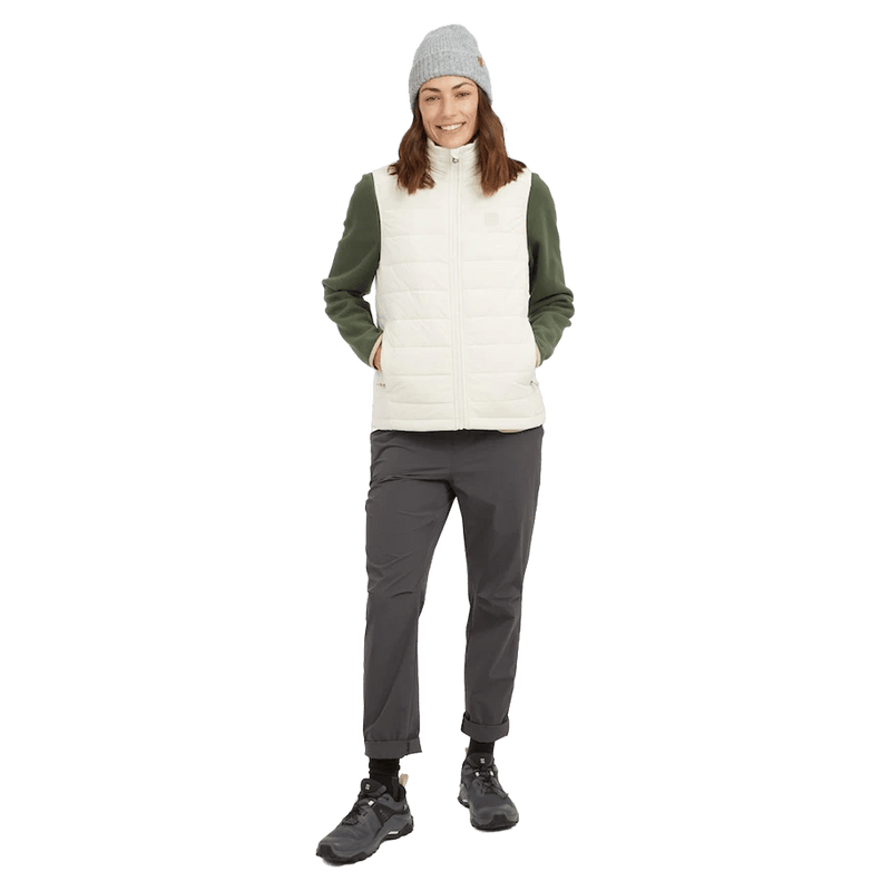 Full-body view of the XTM Woolxloft Vest in Bone colourway, women's model