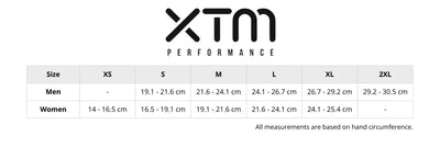 Size chart for XTM handwear showing measurements for men and women. Includes hand circumference in centimetres, with corresponding sizes. Helps customers find the right glove or mitten fit