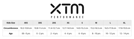 Size chart for XTM handwear showing measurements for KIDS. Includes hand circumference in centimetres and ages, with corresponding sizes. Helps customers find the right glove or mitten fit