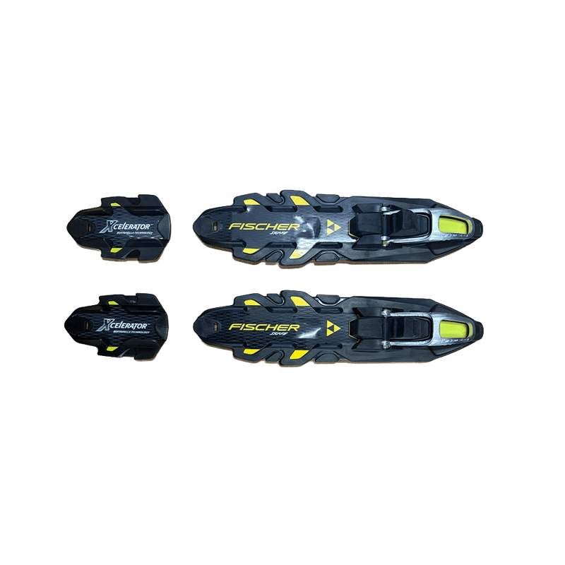 Black and yellow Fischer Xcelerator Classic cross country ski bindings showing front and heel pieces from above.