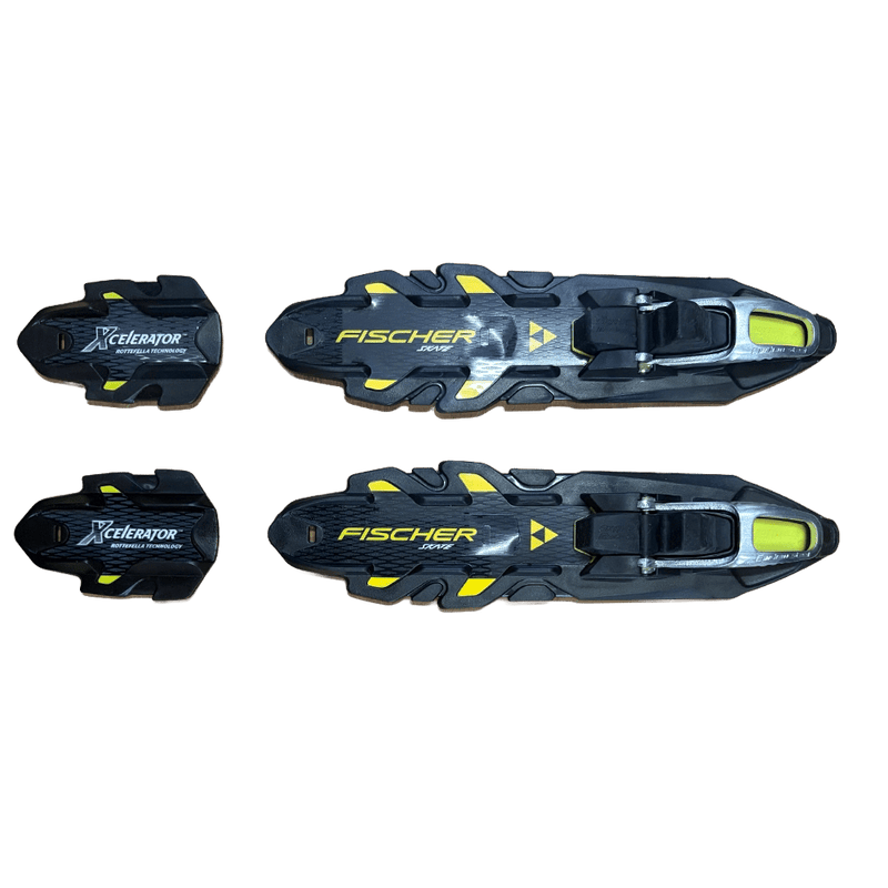 Top-down view of black Fischer Xcelerator Skate Bindings with yellow accents and matching heel plates.