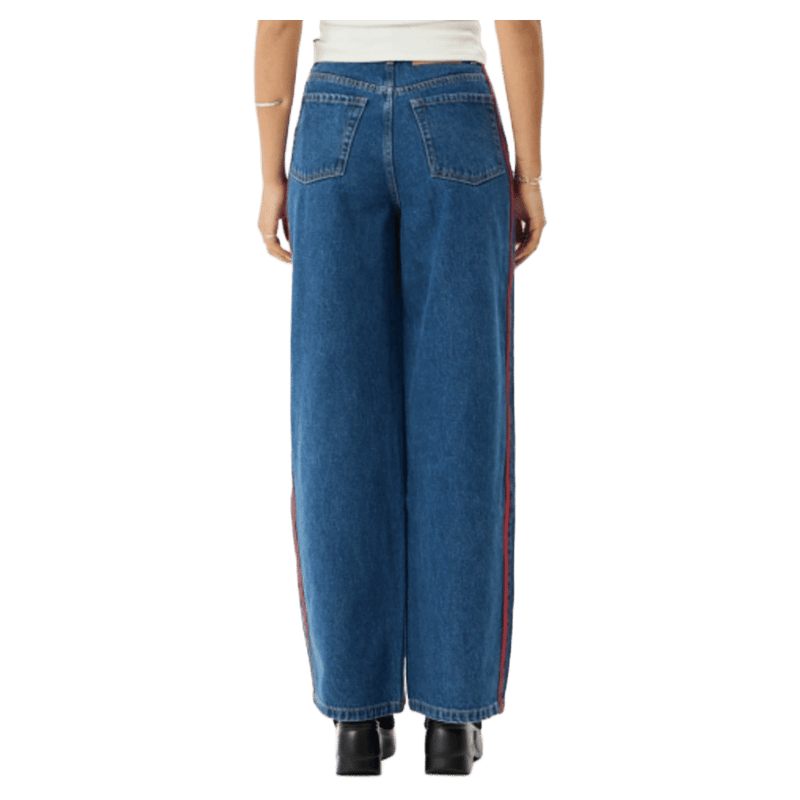 Back view of Afends Bella Stripe Denim Wide Leg Baggy Jean - Womens in colour Authentic Blue.