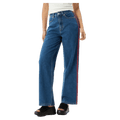 Front view of Afends Bella Stripe Denim Wide Leg Baggy Jean - Womens in colour Authentic Blue.