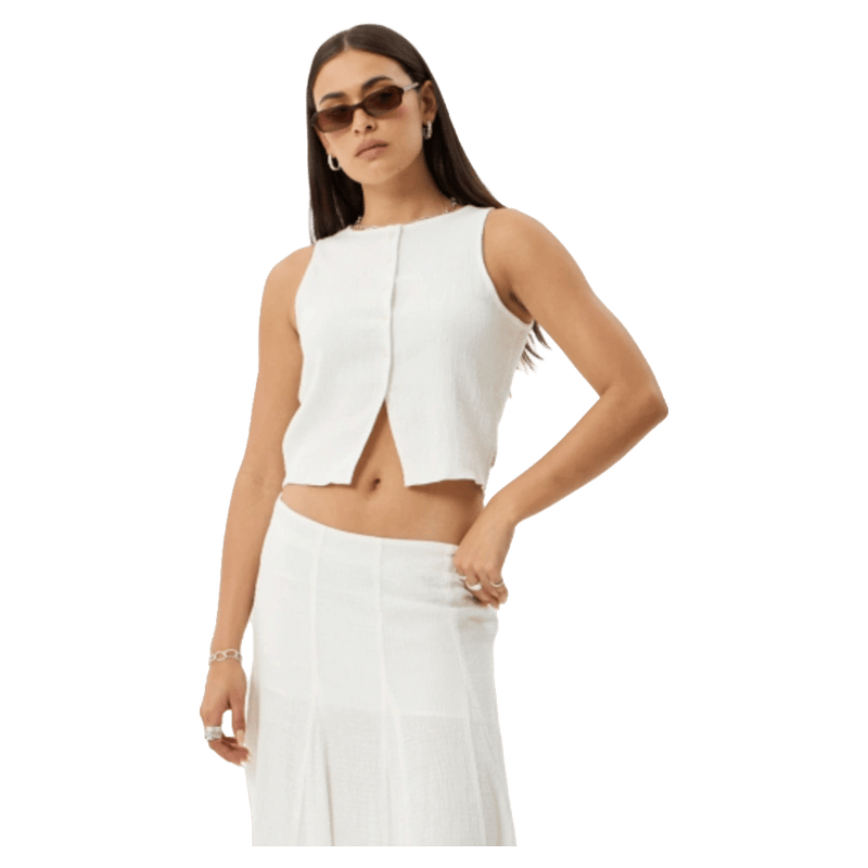 Front view of Afends Lana Hemp Seersucker Top - Womens in colour Off White.