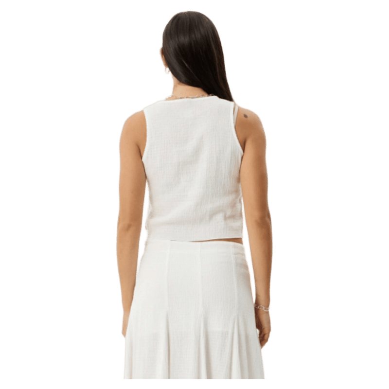 Back view of Afends Lana Hemp Seersucker Top - Womens in colour Off White.