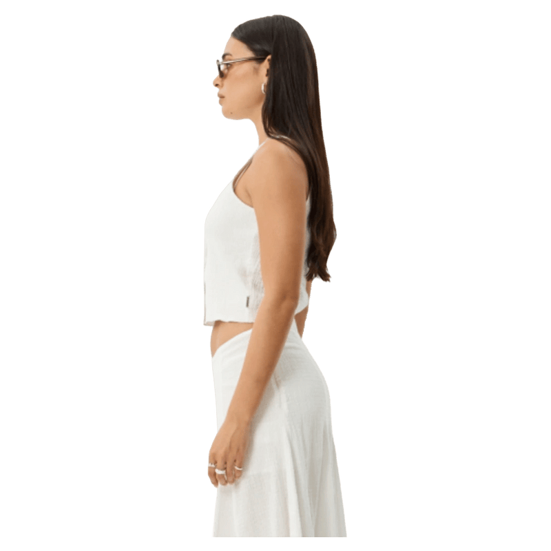 Side view of Afends Lana Hemp Seersucker Top - Womens in colour Off White.