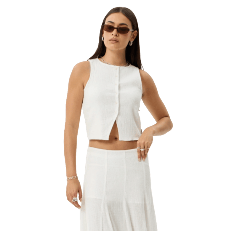 Front view of Afends Lana Hemp Seersucker Top - Womens in colour Off White.