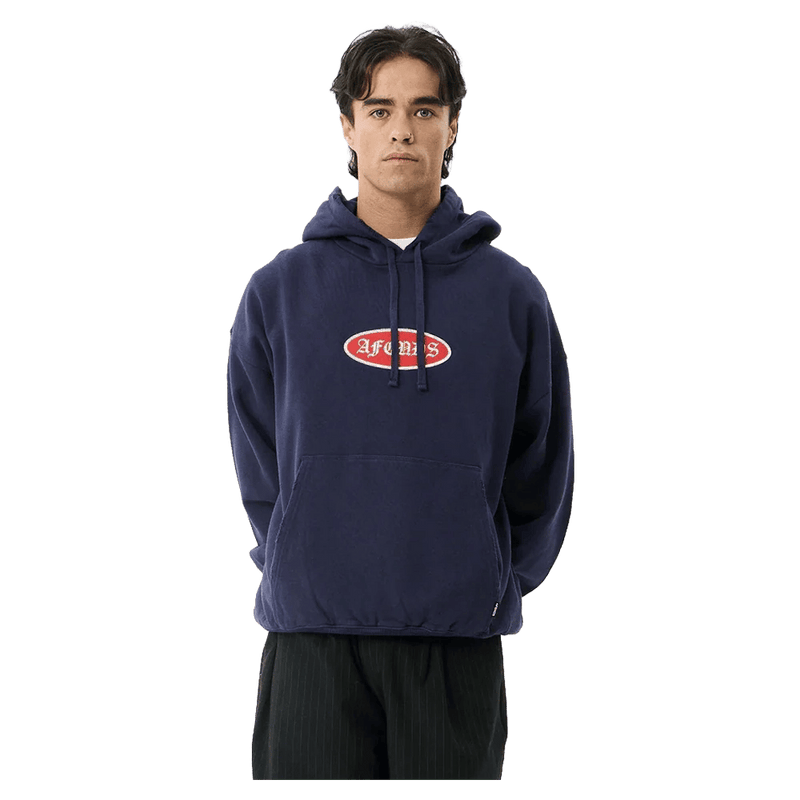 Full view of Afends Supply Recycled Pull On Hoodie in colour Washed Deep Sea.