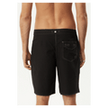 Back view of black Afends fixed waist boardshorts with white contrast stitching and a single rear flap pocket.