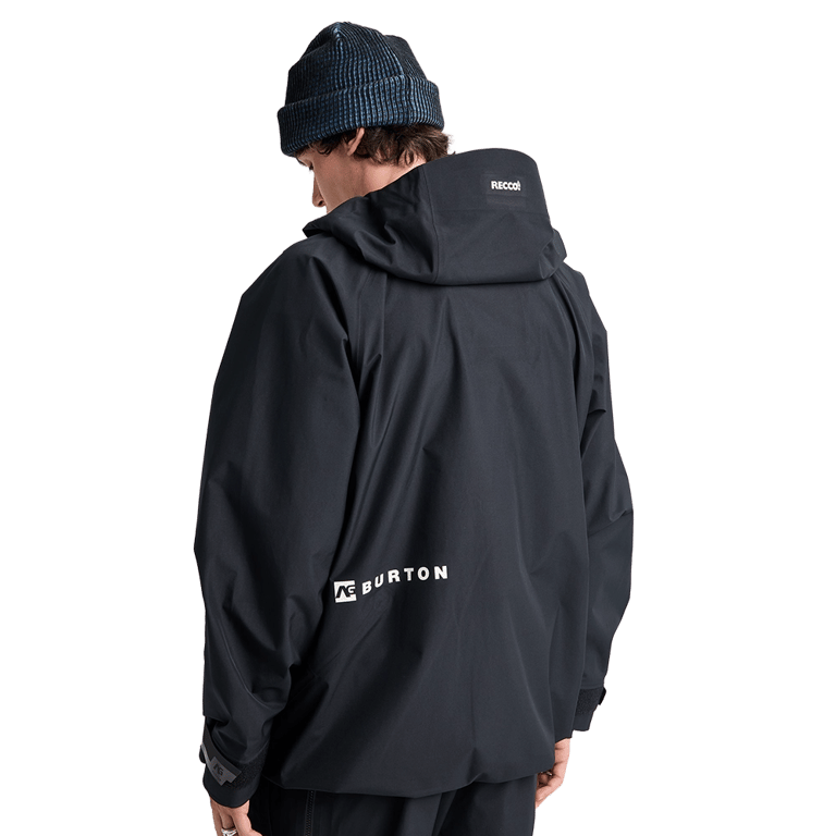 Back view of a black Analog Hardpack 3L Snowboard Jacket with a hood, RECCO logo, and Burton branding.