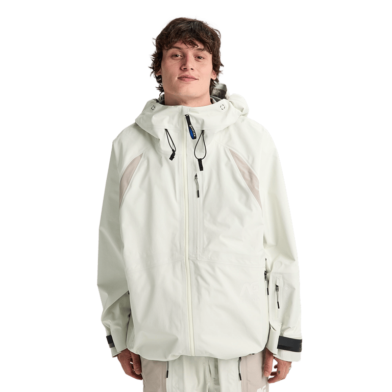 Analog Hardpack 3L Snowboard Jacket in white with hood and beige shoulder accents on a male model.