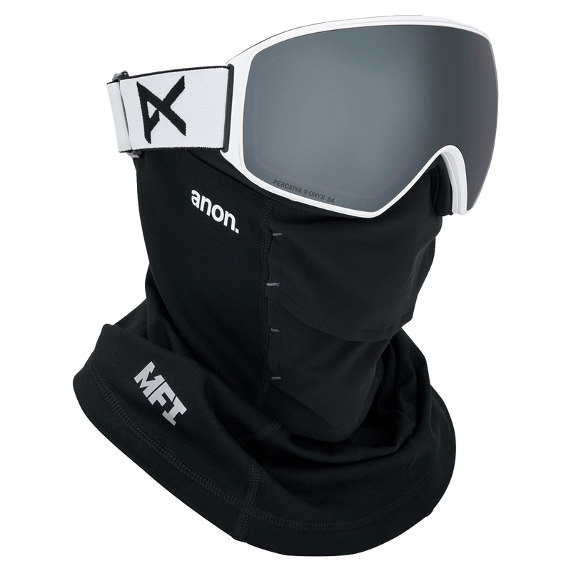 Face mask integration view of the Anon M4S Toric Goggles in White, Perceive Sun Onyx lens, unisex model