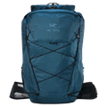 Teal Arc'teryx Aerios 35 backpack with white grid ripstop fabric, front bungee cords, and mesh hip belt.