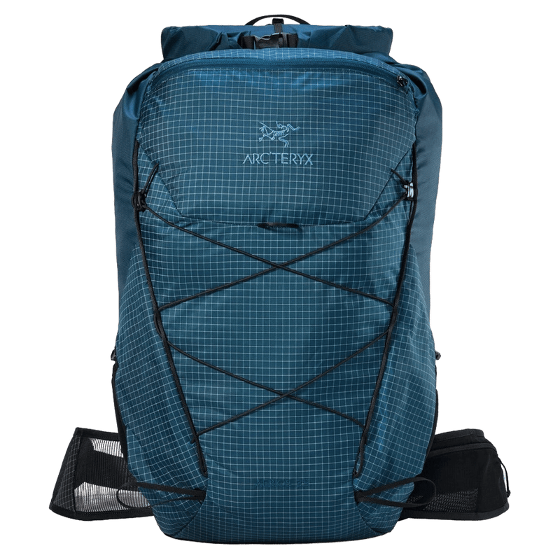 Teal Arc'teryx Aerios 35 backpack with white grid ripstop fabric, front bungee cords, and mesh hip belt.