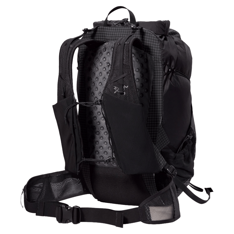 Rear view of black Arcteryx Aerios 35 backpack with grid ripstop fabric, mesh back panel, and adjustable hip belt.