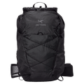 Black Arcteryx Aerios 35 backpack with grid ripstop fabric, front bungee compression, and roll-top closure.