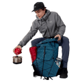Teal Arcteryx Aerios 35 backpack with grid pattern and bungee cords, shown with camping gear in side pockets.