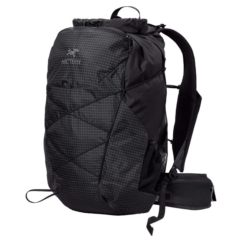 Black Arc'teryx Aerios 35 backpack with ripstop grid pattern, roll-top closure, and bungee cords in a three-quarter view.