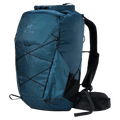 Arc'teryx Aerios 35 touring backpack in teal blue grid ripstop with front bungee cords and roll-top closure.