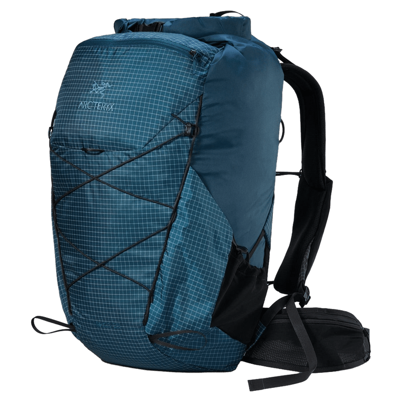 Arc'teryx Aerios 35 touring backpack in teal blue grid ripstop with front bungee cords and roll-top closure.