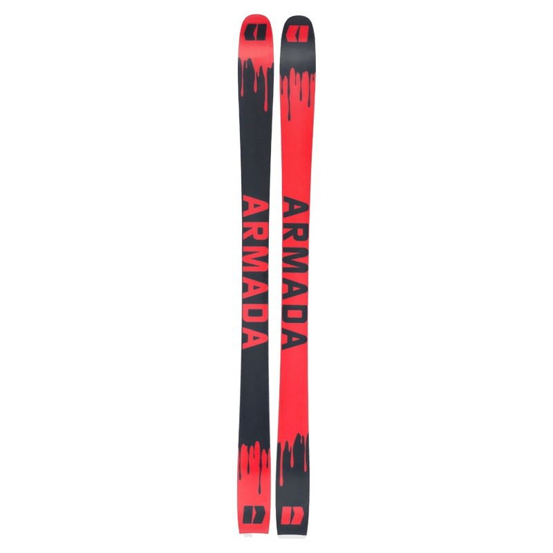 2027 Armada Kimbo 95 skis featuring red and black dripping paint graphics and vertical logos on a black background.