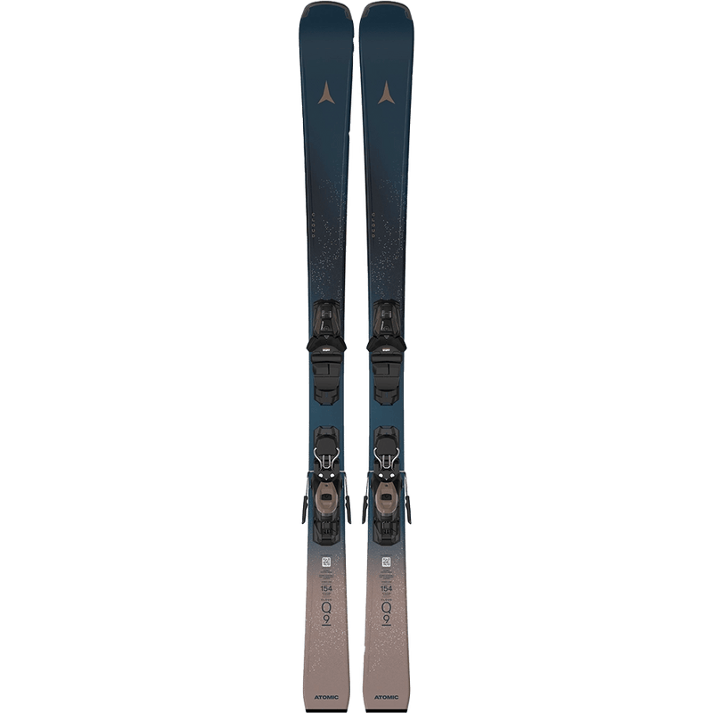 Top view of the Atomic 2027 Cloud Q9+ Ski with Atomic M10 GW Binding for Women, featuring slate blue tips and beige tails with contrasting speckle, logos and ski details in inverted colours, and black bindings with beige details.