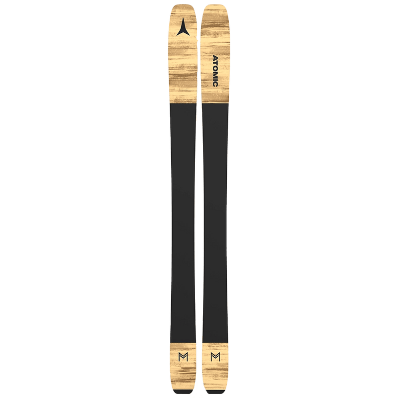 Base view of the Atomic 2027 Maven 88 CTI Ski for Women, shown as a pair, with a swirling red and orange design through the tip and tail with a plain black base and logo details.