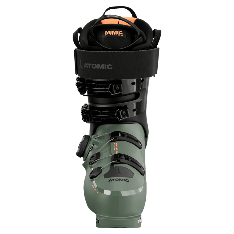 Front view of sage green Atomic Hawx Prime XTD 120 BOA ski boot with black cuff, BOA dial, and orange Mimic liner.