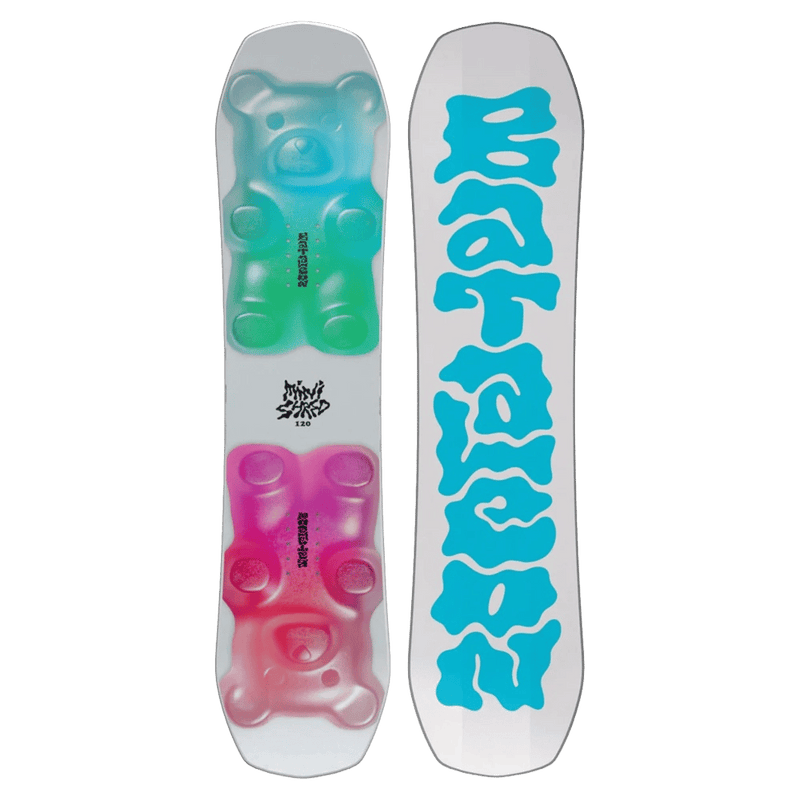 Bataleon Minishred kids snowboard with white deck, blue and pink gummy bear graphics, and blue wavy logo on the base.