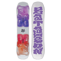 Bataleon Minishred kids snowboard with white top, purple and orange gummy bear graphics, and purple logo on the base.