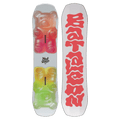 Bataleon Minishred kids snowboard with gummy bear graphics on a white deck and red wavy logo on the base.