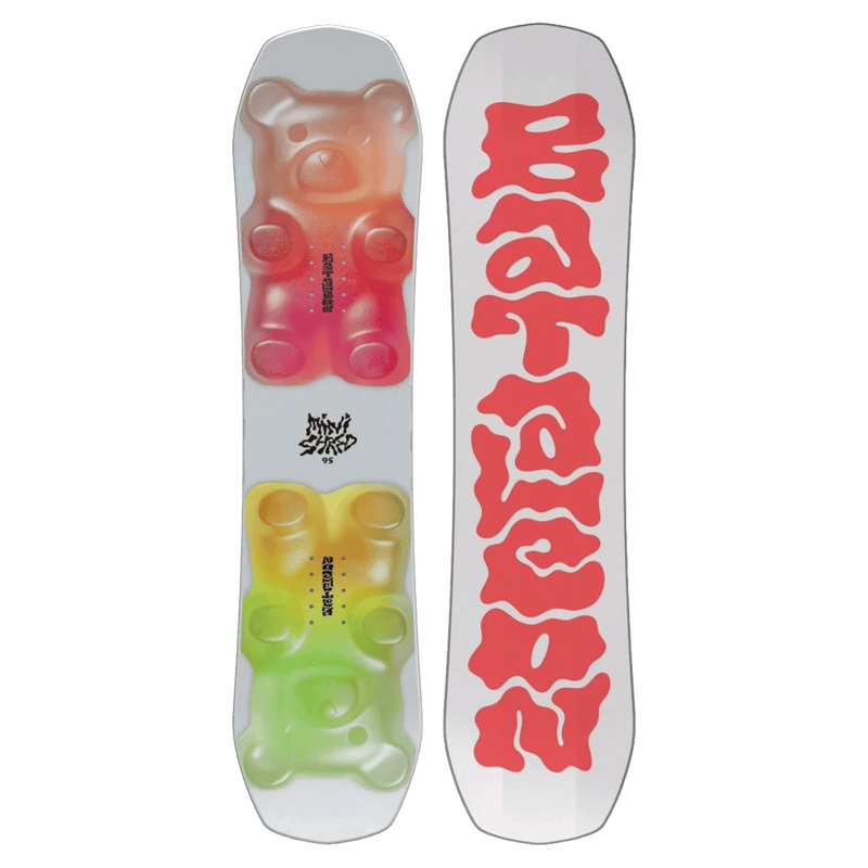Bataleon Minishred kids snowboard with gummy bear graphics on a white deck and red wavy logo on the base.
