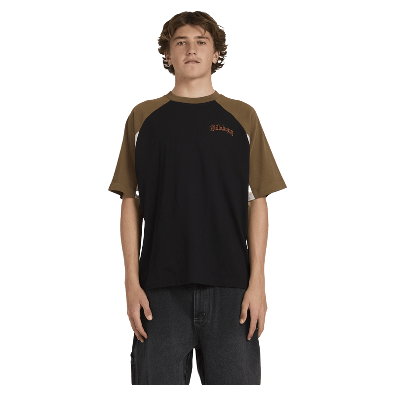 Front view of man wearing the Billabong Immortal System OG Tee in black