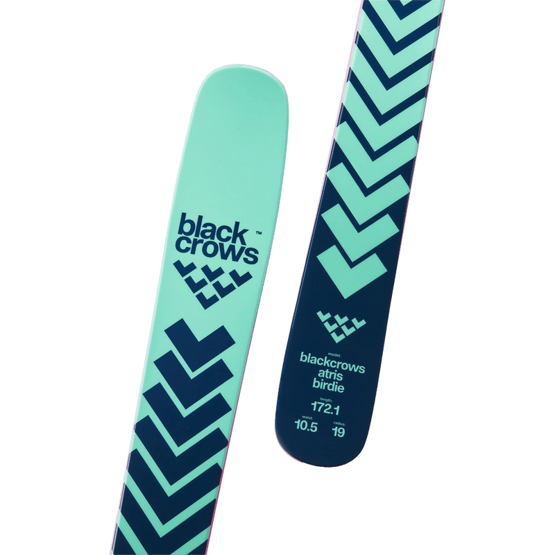 Close tip and tail  view of the Black Crows Atris Birdie Ski in Turquose colourway, women's model