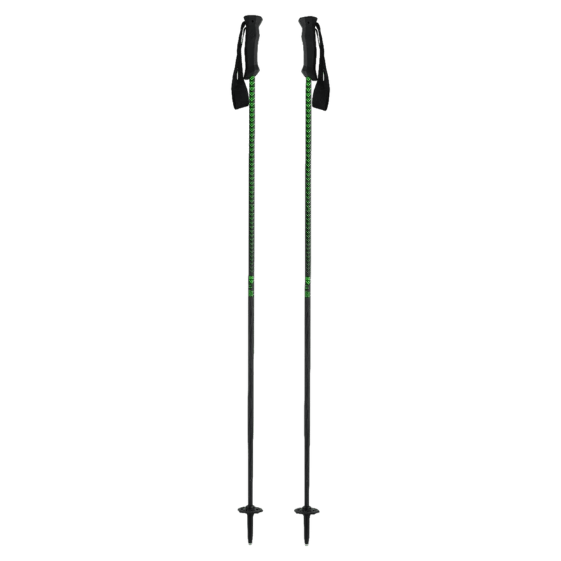 Black Crows Stans ski poles featuring black shafts with green chevron patterns, black ergonomic grips, and baskets.