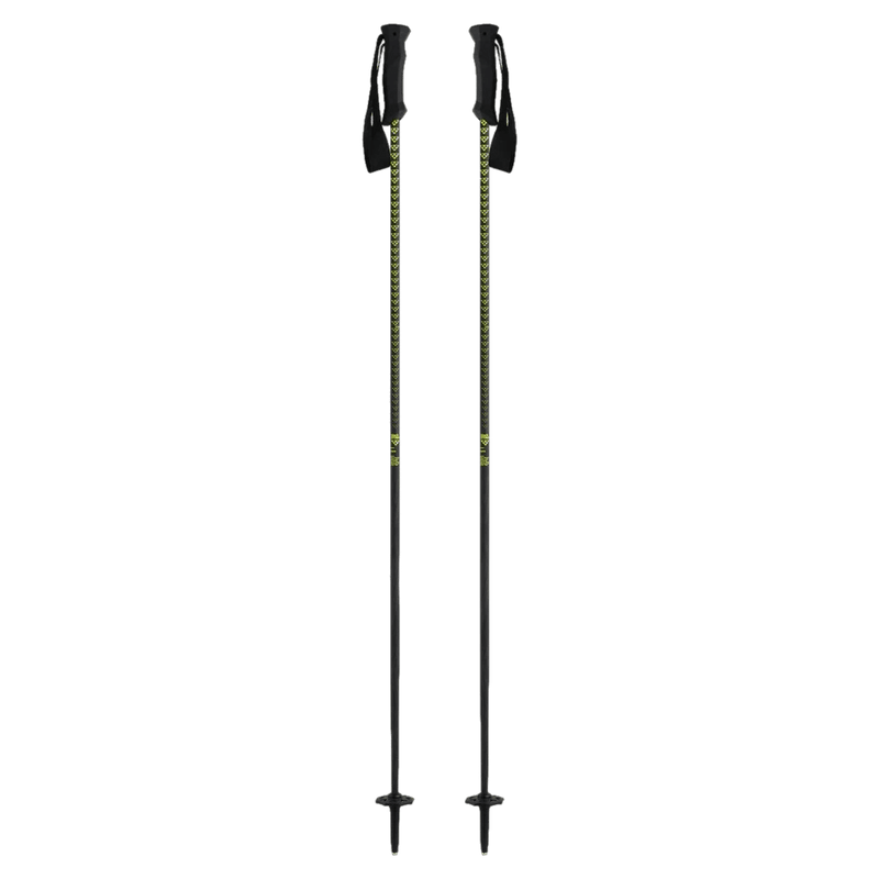2026 Black Crows Stans ski poles with black shafts, yellow chevron patterns, and black ergonomic grips.