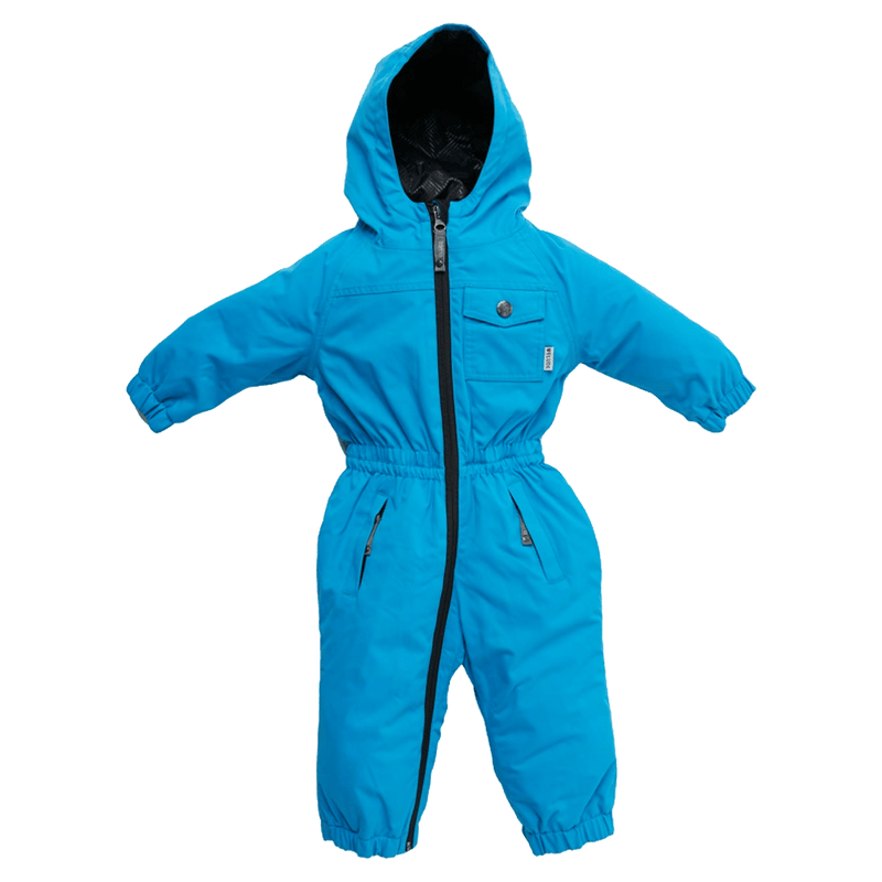 Bright blue Elude kids hooded snowsuit with black front zipper, chest pocket, and elastic waist.