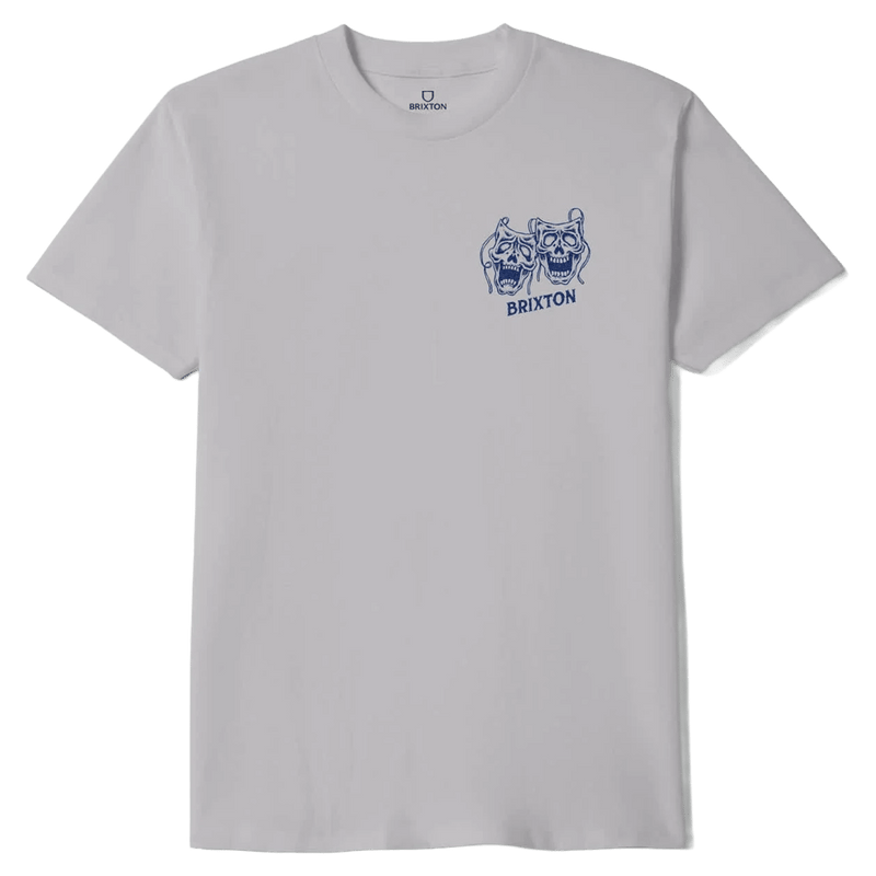 Light grey short-sleeve Brixton t-shirt with a blue skull mask graphic and logo on the chest.