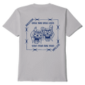 Light grey short-sleeve Brixton t-shirt with a blue skull mask graphic and logo on the chest.