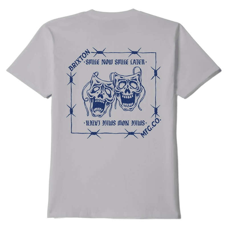 Light grey short-sleeve Brixton t-shirt with a blue skull mask graphic and logo on the chest.
