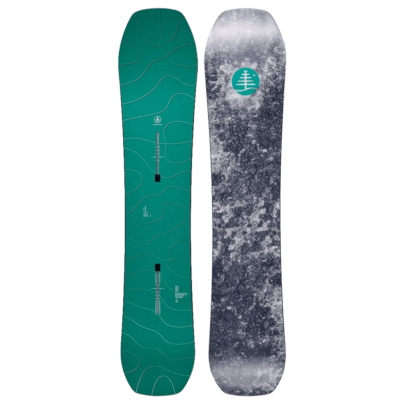 Burton Family Tree Hometown Hero Snowboard with teal topographic top sheet and grey speckled base.