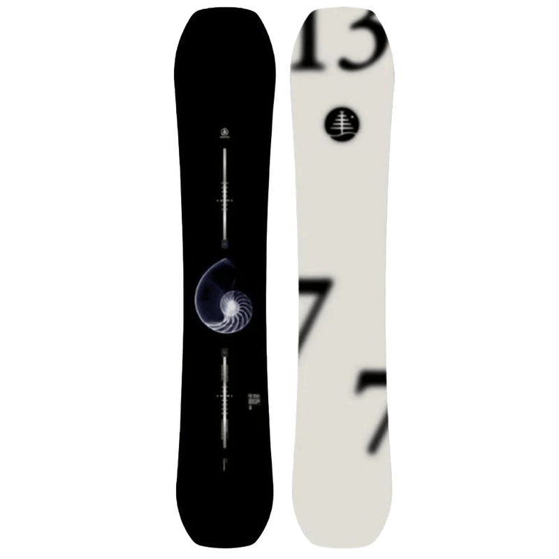 2027 Burton Family Tree Hometown Hero snowboard with black nautilus graphic and cream base with blurred numbers.
